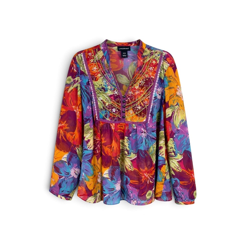LANE BRYANT Floral Semi-Sheer Cottagecore Embellised Split V-Neck Blouse, 18/20